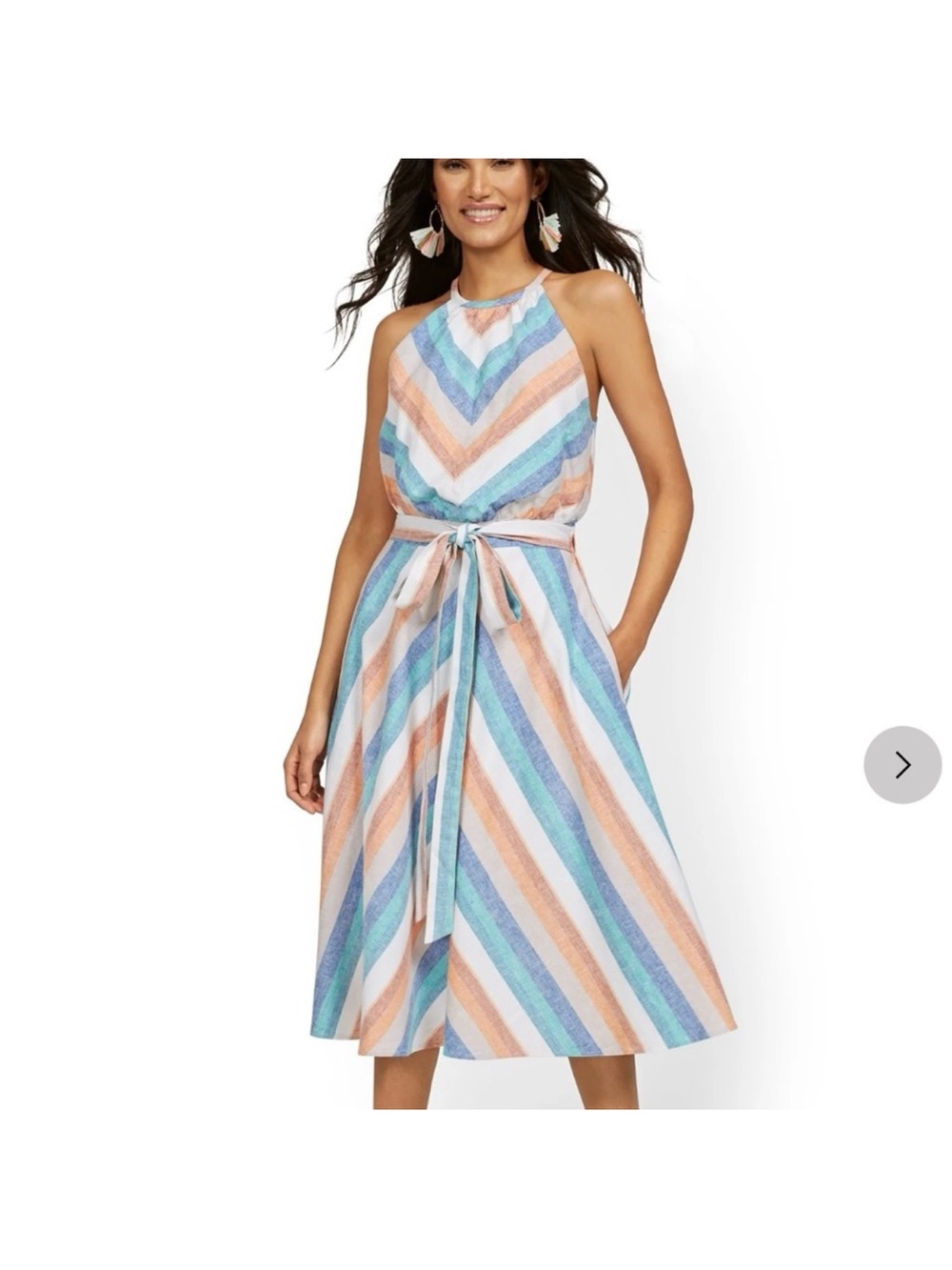 New York & Company Pastel Striped Halter Midi Dress in Blue, Peach and White